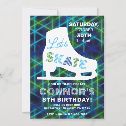 Ice Skating Neon Glow Boys Birthday Party Kaart (Voorkant)