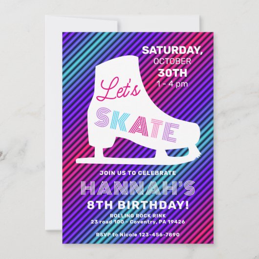 Ice Skating Neon Glow Girls Birthday Party Kaart (Voorkant)