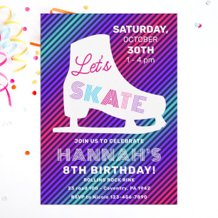 Ice Skating Neon Glow Girls Birthday Party Kaart