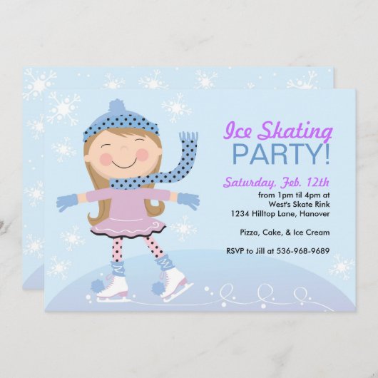 Ice Skating Party Invitaties met meisjesschaatsen Kaart (Voorkant / Achterkant)