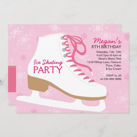 Ice Skating Party Invitations - Roze Kaart (Voorkant / Achterkant)