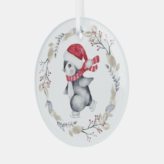 Ice Skating Penguin in Winter Wreath Glas Ornament (Voorkant links)