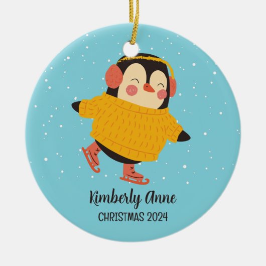 Ice Skating Penguin met Kerstmis Snowy Winter Holi Keramisch Ornament (Voorkant)