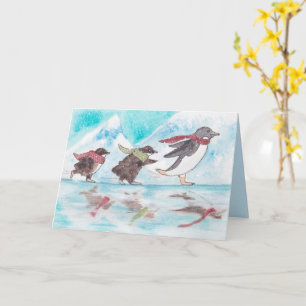 Ice Skating Penguins Holiday Card Kaart