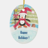 Ice skating pinguin, Prettige feestdagen! Keramisch Ornament (Voorkant)