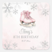 Ice Skating Pink Silver Glitter Snowflake Birthday Vierkante Sticker (Voorkant)