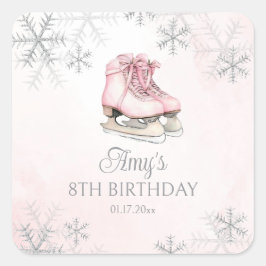Ice Skating Pink Silver Glitter Snowflake Birthday Vierkante Sticker
