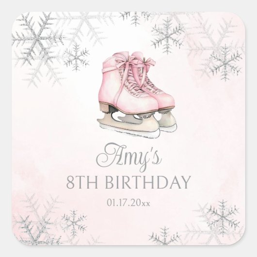 Ice Skating Pink Silver Glitter Snowflake Birthday Vierkante Sticker (Voorkant)