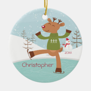 Ice Skating Reindeer Dated Kerstannamer Keramisch Ornament