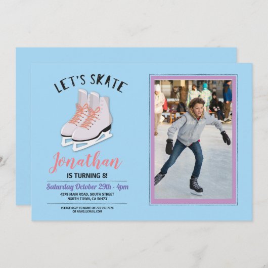 Ice-Skating Schaats Blue Photo Birthday Party Invi Kaart (Voorkant / Achterkant)