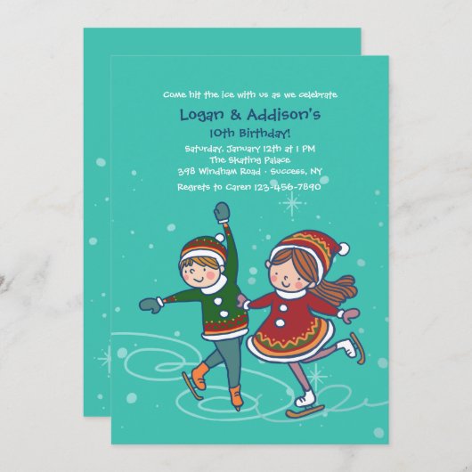 Ice Skating Siblings Invitation Kaart (Voorkant / Achterkant)
