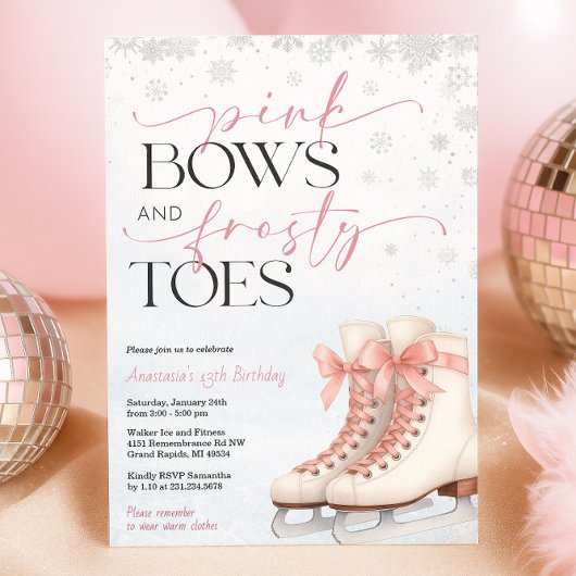 Ice Skating Teen Birthday Invitation - Pink Bow Kaart