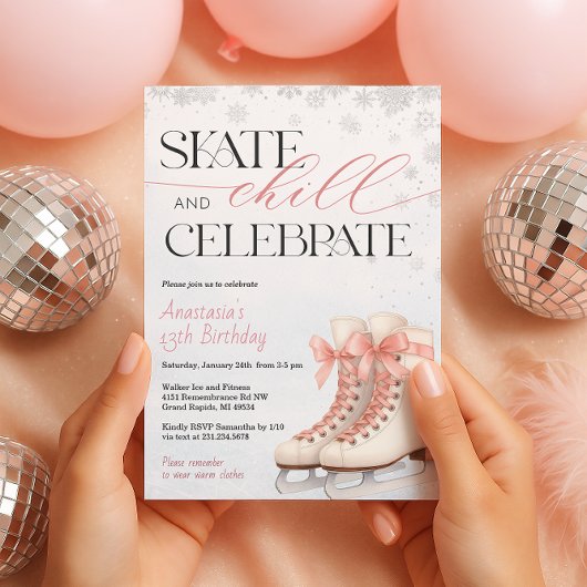 Ice Skating Teen Birthday Invitation - Pink Bow Kaart