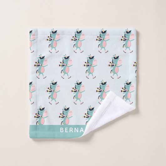 Ice Skating Unicorn Blauwgroen Roze Gepersonalisee Bad Handdoek (Wasdoekje)