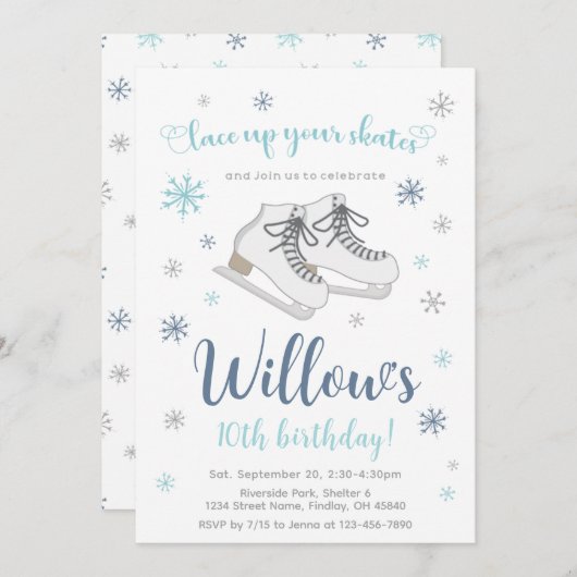 Ice Skating Winter Birthday Party, blauw, elke lee Kaart (Voorkant / Achterkant)