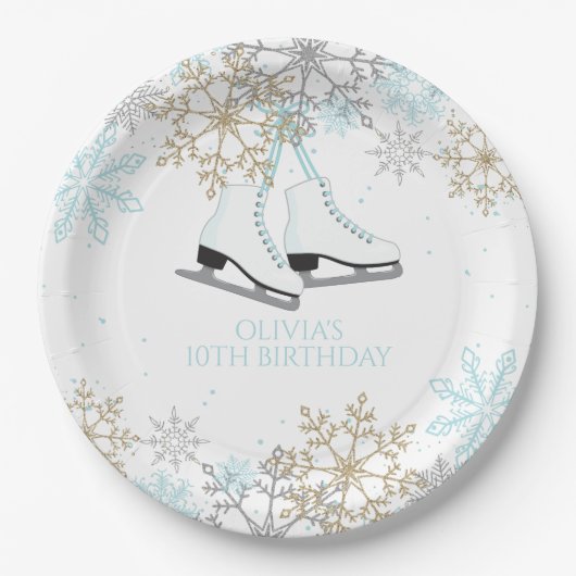 Ice Skies Blue Silver Gold Snowflakes Birthday Papieren Bordje (Voorkant)