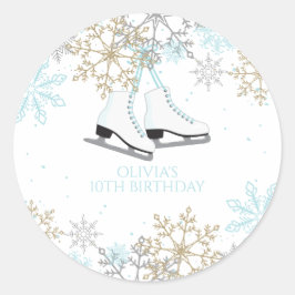 Ice Skies Blue Silver Gold Snowflakes Birthday Ronde Sticker
