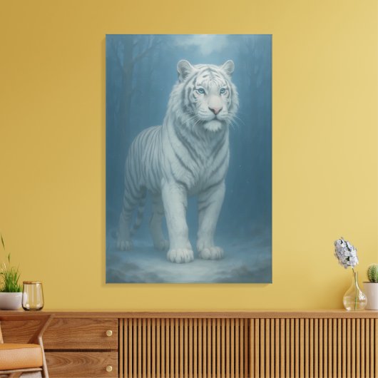 Ice Spirit White Tiger – Mystic Guardian of Calm P Canvas Afdruk (Insitu (Woonkamer))