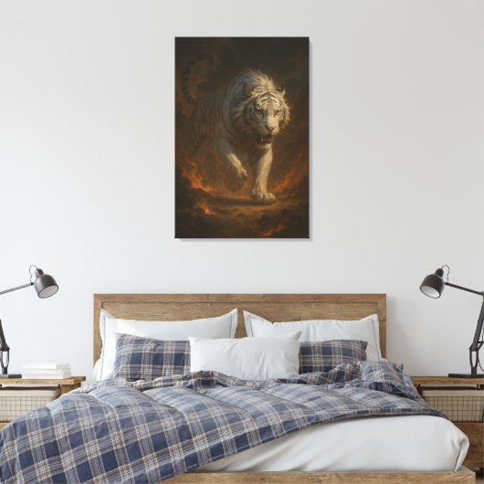 Ice Spirit White Tiger – Mystic Guardian of Calm P Canvas Afdruk (Insitu (Slaapkamer))