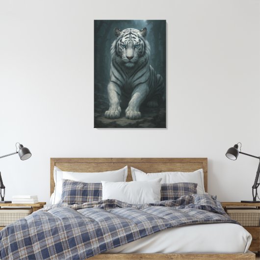 Ice Spirit White Tiger – Mystic Guardian of Calm P Canvas Afdruk (Insitu (Slaapkamer))