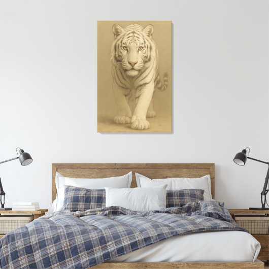 Ice Spirit White Tiger – Mystic Guardian of Calm P Canvas Afdruk (Insitu (Slaapkamer))