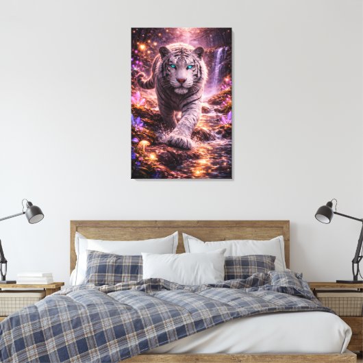 Ice Spirit White Tiger – Mystic Guardian of Calm P Canvas Afdruk (Insitu (Slaapkamer))