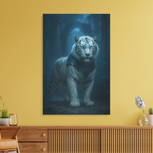 Ice Spirit White Tiger – Mystic Guardian of Calm P Canvas Afdruk (Insitu (Woonkamer))