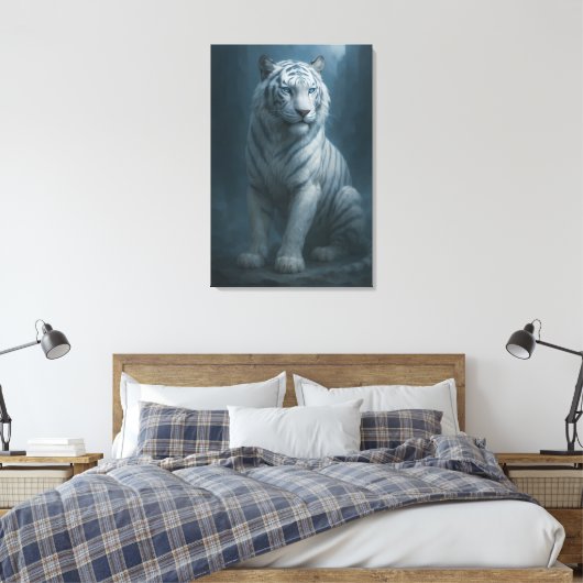 Ice Spirit White Tiger – Mystic Guardian of Calm P Canvas Afdruk (Insitu (Slaapkamer))