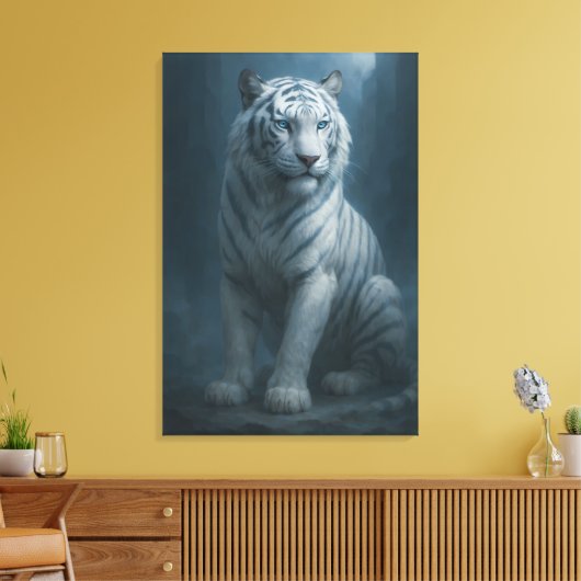 Ice Spirit White Tiger – Mystic Guardian of Calm P Canvas Afdruk (Insitu (Woonkamer))