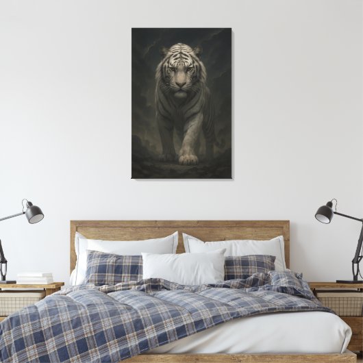 Ice Spirit White Tiger – Mystic Guardian of Calm P Canvas Afdruk (Insitu (Slaapkamer))