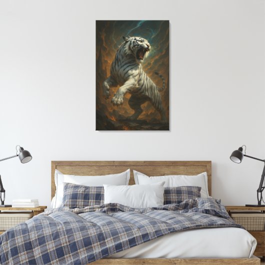 Ice Spirit White Tiger – Mystic Guardian of Calm P Canvas Afdruk (Insitu (Slaapkamer))