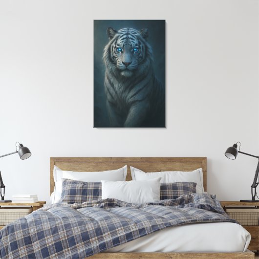 Ice Spirit White Tiger – Mystic Guardian of Calm P Canvas Afdruk (Insitu (Slaapkamer))