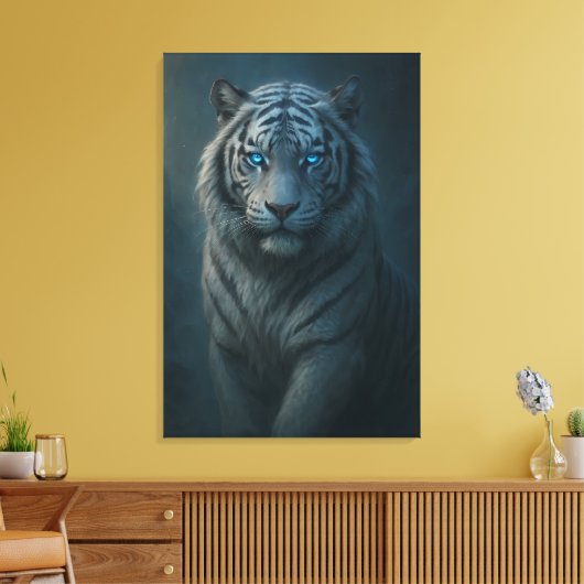 Ice Spirit White Tiger – Mystic Guardian of Calm P Canvas Afdruk (Insitu (Woonkamer))