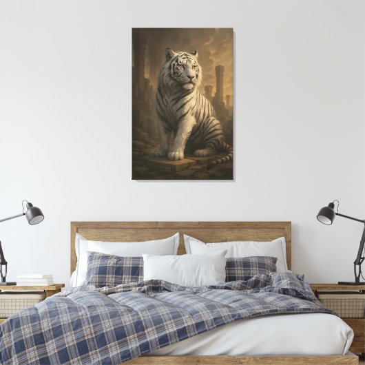 Ice Spirit White Tiger – Mystic Guardian of Calm P Canvas Afdruk (Insitu (Slaapkamer))