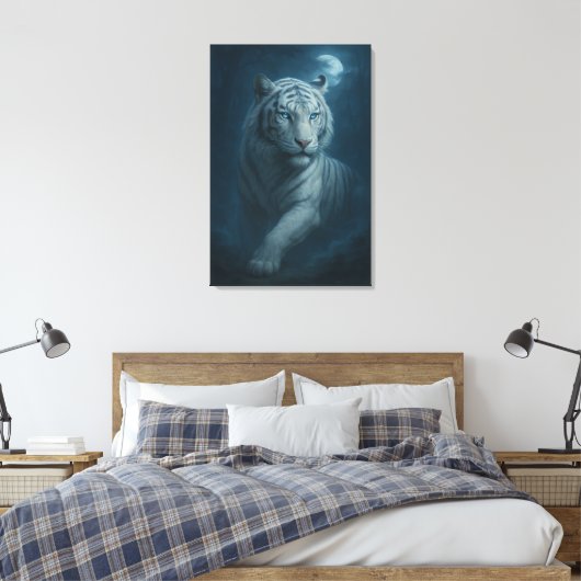 Ice Spirit White Tiger – Mystic Guardian of Calm P Canvas Afdruk (Insitu (Slaapkamer))