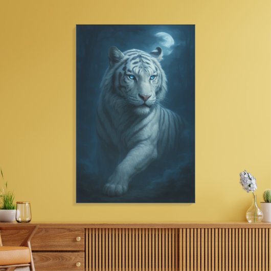 Ice Spirit White Tiger – Mystic Guardian of Calm P Canvas Afdruk (Insitu (Woonkamer))