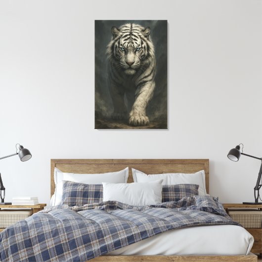 Ice Spirit White Tiger – Mystic Guardian of Calm P Canvas Afdruk (Insitu (Slaapkamer))