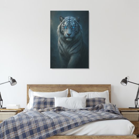 Ice Spirit White Tiger – Mystic Guardian of Calm P Canvas Afdruk (Insitu (Slaapkamer))