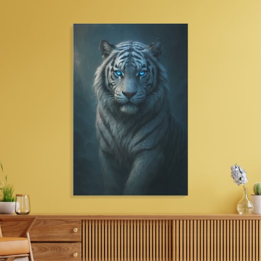 Ice Spirit White Tiger – Mystic Guardian of Calm P Canvas Afdruk (Insitu (Woonkamer))