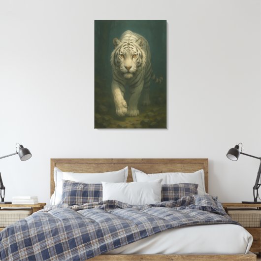 Ice Spirit White Tiger – Mystic Guardian of Calm P Canvas Afdruk (Insitu (Slaapkamer))