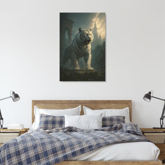 Ice Spirit White Tiger – Mystic Guardian of Calm P Canvas Afdruk (Insitu (Slaapkamer))