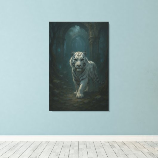 Ice Spirit White Tiger – Mystic Guardian of Calm P Canvas Afdruk (Insitu (Houten vloer))