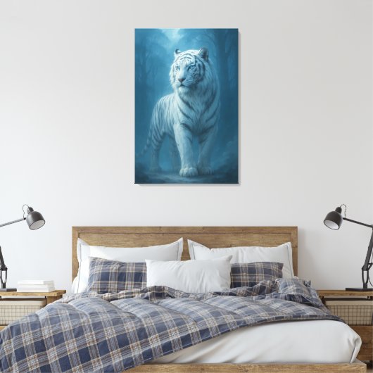 Ice Spirit White Tiger – Mystic Guardian of Calm P Canvas Afdruk (Insitu (Slaapkamer))