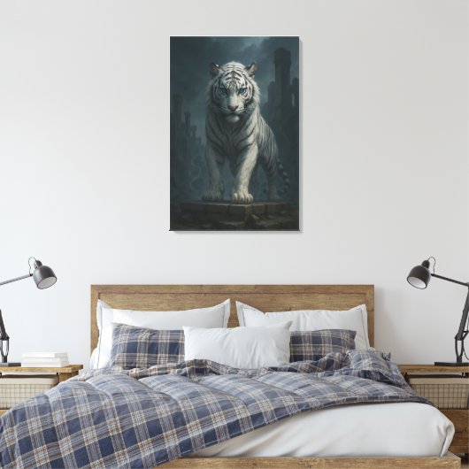 Ice Spirit White Tiger – Mystic Guardian of Calm P Canvas Afdruk (Insitu (Slaapkamer))