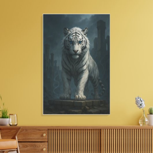 Ice Spirit White Tiger – Mystic Guardian of Calm P Canvas Afdruk (Insitu (Woonkamer))