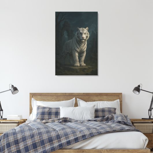 Ice Spirit White Tiger – Mystic Guardian of Calm P Canvas Afdruk (Insitu (Slaapkamer))
