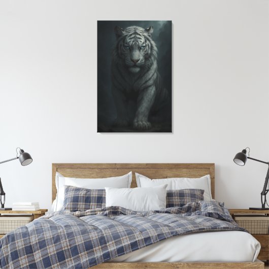 Ice Spirit White Tiger – Mystic Guardian of Calm P Canvas Afdruk (Insitu (Slaapkamer))