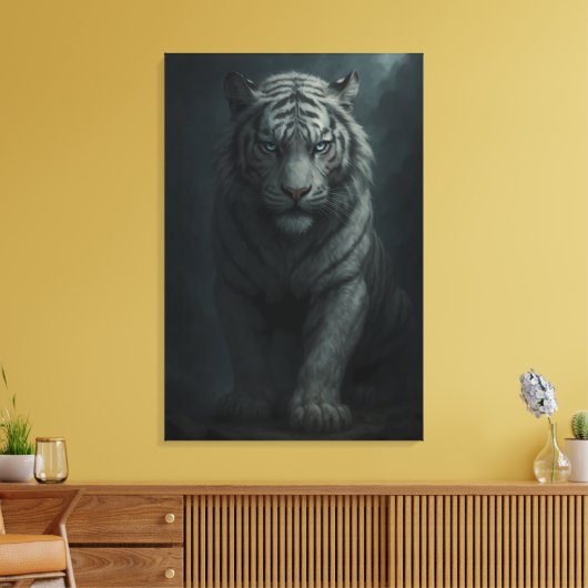 Ice Spirit White Tiger – Mystic Guardian of Calm P Canvas Afdruk (Insitu (Woonkamer))