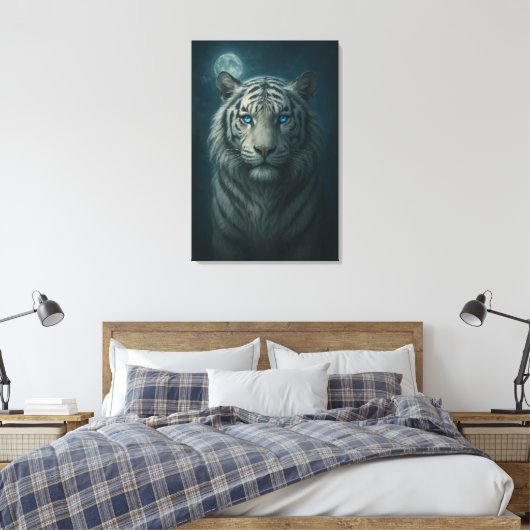 Ice Spirit White Tiger – Mystic Guardian of Calm P Canvas Afdruk (Insitu (Slaapkamer))