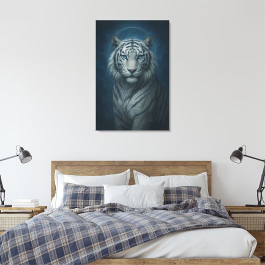 Ice Spirit White Tiger – Mystic Guardian of Calm P Canvas Afdruk (Insitu (Slaapkamer))